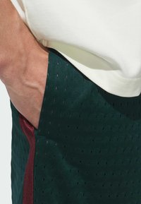 Green athletic shorts with perforated fabric, featuring a maroon stripe along the pocket. Close-up shows pocket detail and texture.