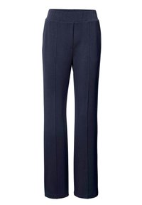 Marineblauwe broek met een wijde pijpdesign, voorzien van een soepele elastische tailleband en plooien aan de voorkant. Gemaakt van zachte, rekbare stof.