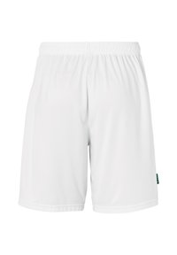 Witte sportshorts met een elastische tailleband, gladde stof en een groene logo-label aan de zijkant. Regelmatige pasvorm, knielange uitstraling.