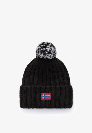 Black knitted beanie with a thick ribbed texture, featuring a multi-colored pom-pom on top and an embroidered Norwegian flag patch.