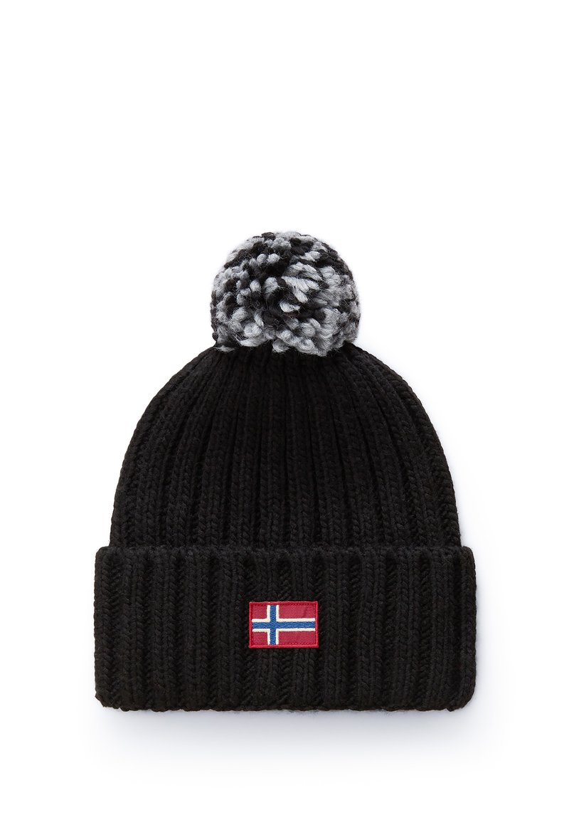 Schwarze gestrickte Mütze mit einer dicken gerippten Textur, ausgestattet mit einem mehrfarbigen Pompon oben und einem gestickten Patch der norwegischen Flagge.