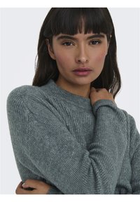 Pull en rib à col rond, gris. Texture douce, manches longues et coupe ajustée, mettant en valeur un design décontracté et confortable.