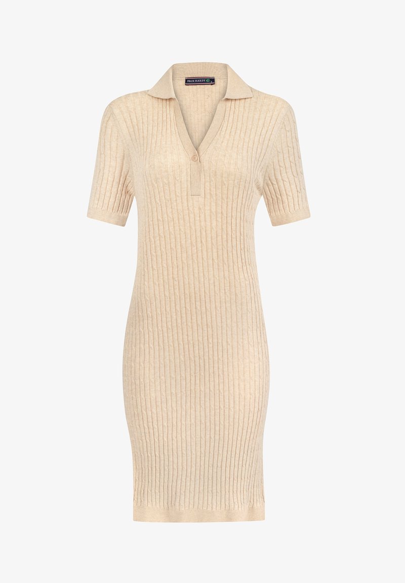 Beige geribbeld brei-jurk met een polo kraag, korte mouwen en een getailleerd silhouet. Beschikt over een subtiele textuur en een schone zoom.