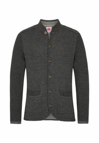 Cardigan gris charbon avec un design texturé, cinq boutons, deux poches avant et un col mandarin. Fabriqué en matière tricotée épaisse.