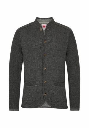 Kardigan in Anthrazit mit strukturiertem Design, fünf Knöpfen, zwei frontalen Taschen und einem Mandarin-Kragen. Hergestellt aus dicker Strickware.