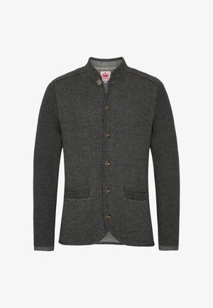 Charcoal gray cardigan with a textured design, five buttons, two front pockets, and a mandarin collar. Made of thick knit material.