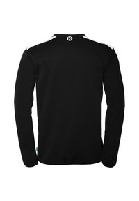Zwarte longsleeve shirt met een kraag, voorzien van witte schouderaccenten en een logo op de achterkant van de nek. Zachte, gladde textuur, nauwsluitend ontwerp.