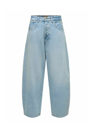 Jeans denim bleu clair à jambes larges, taille haute, fermeture par boutons et poches avant, présenté sur un fond blanc uni.