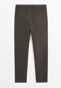 Dark gray straight-fit pants with elastic waistband and two back welt pockets, displayed flat on a white background.