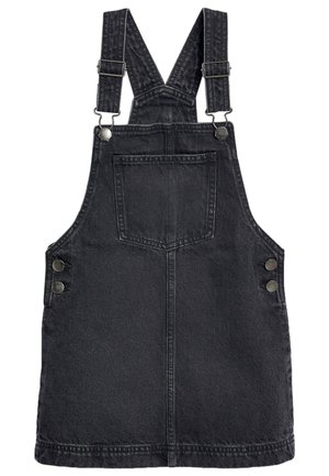 Czarna sukienka na szelkach z denimu z regulowanymi ramiączkami, przednią kieszenią i metalowymi guzikami po bokach.