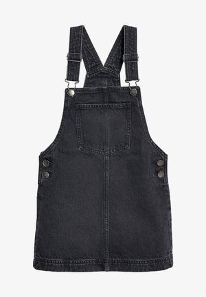 Czarna sukienka na szelkach z denimu z regulowanymi ramiączkami, przednią kieszenią i metalowymi guzikami po bokach.