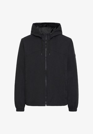 Svart hettejakke med glidelås, snorer, elastiske ermer og sidelommer, vist på hvit bakgrunn.