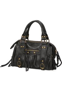 Borsa in pelle nera con accessori in ottone, tasche con zip e cuciture decorative. Presenta manici superiori doppi e una tracolla removibile.