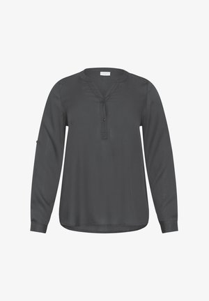 Dark gray long-sleeve shirt made of a lightweight fabric with a V-neck, button front, and cuffed sleeves. Smooth texture, minimal detailing.