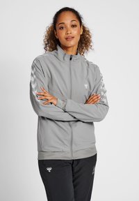 Grå zip-up jakke med høj krave, der har hvide striber langs ærmerne og et logo på brystet; glat, let materiale.