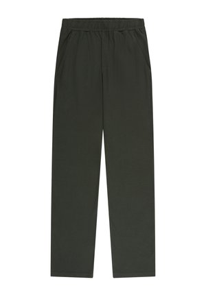 Proste spodnie w kolorze ciemnej zieleni z elastycznym paskiem w talii i bocznymi kieszeniami, prezentowane na białym tle.