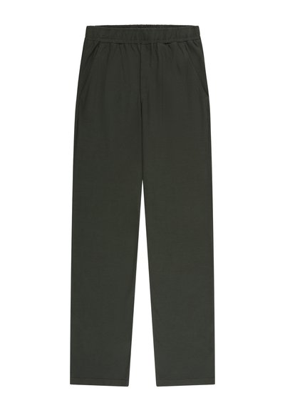 Proste spodnie w kolorze ciemnej zieleni z elastycznym paskiem w talii i bocznymi kieszeniami, prezentowane na białym tle.