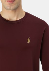 Felpa color granata con scollo rotondo e polsini a coste. Presenta un piccolo logo ricamato in oro a forma di pony sul petto a sinistra. Texture liscia.