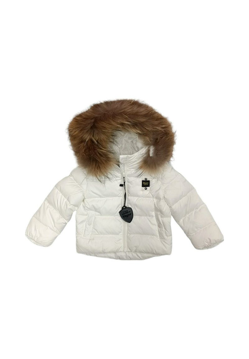 Doudoune blanche avec capuche en fausse fourrure marron. Dispose d'une fermeture éclair à l'avant, de deux poches latérales et d'une étiquette noire attachée.