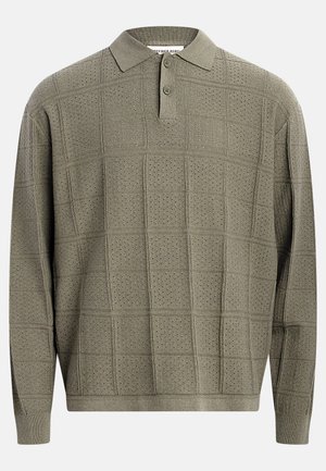 Tricou polo cu mâneci lungi, verde măsline, din tricot, cu model texturat de pătrate și mici perforații, cu două nasturi la piept și manșete și tiv striate.