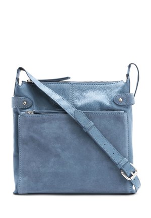 Blå læder- og ruskinds crossbody taske med frontlynlåslomme og justerbar skulderrem vist mod hvid baggrund.