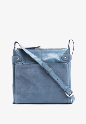 Sac bandoulière bleu en cuir et suède avec poche zippée à l'avant et bandoulière réglable, présenté sur fond blanc.