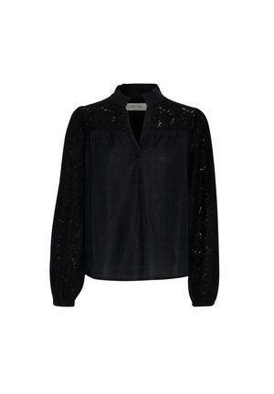 Zwarte blouse met een kraag, voorzien van een denim lijf en kanten mouwen. Het ontwerp heeft een V-halslijn en lange, aansluitende manchet.