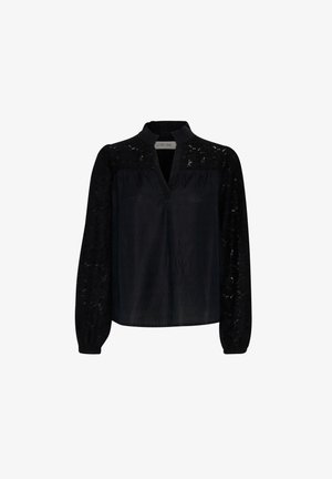 Bluză neagră cu guler, având un corp din denim și mâneci din dantelă. Designul include un decolteu în V și mansete lungi, ajustate.