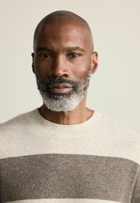 Light grey knit sweater with dark brown horizontal stripes. Close-up of a man with a short beard and bald head, featuring a neutral background.