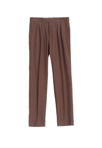 Pantalones de vestir marrones con plisados, con bolsillos laterales y cierre de botón en la cintura, exhibidos de forma plana sobre un fondo blanco.