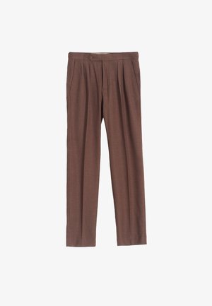 Pantalones de vestir marrones con plisados, con bolsillos laterales y cierre de botón en la cintura, exhibidos de forma plana sobre un fondo blanco.