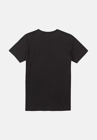 Black cotton t-shirt featuring a classic crew neck, short sleeves, and a smooth texture. No visible patterns or accents. Simple design.