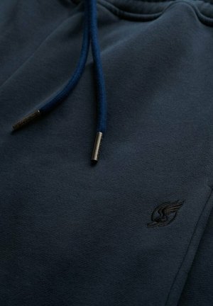 Sudadera gris oscuro con un bolsillo frontal, cordones azules y un pequeño logotipo negro en el pecho. Tejido suave con una textura blanda.