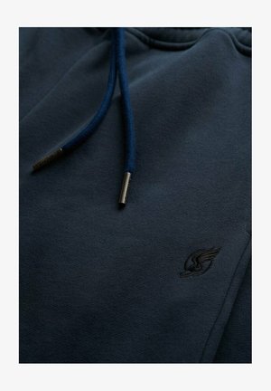 Sudadera gris oscuro con un bolsillo frontal, cordones azules y un pequeño logotipo negro en el pecho. Tejido suave con una textura blanda.