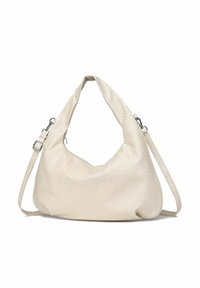 Krémová tkaná kožená hobo taška so širokým ramenným popruhom a nastaviteľným, odnímateľným crossbody popruhom na bielom pozadí.