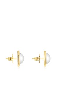 Orecchini a perno in tono oro con dettaglio sferico bianco, design minimalista con finitura lucida e chiusura sicura.