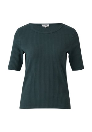 Donkergroen, korte mouwen ribgebreid T-shirt met ronde hals en slim fit, weergegeven op een witte achtergrond.
