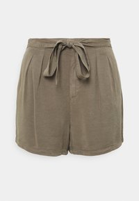 Hoge taille olijfgroene shorts met plooien en een stoffen riem die aan de voorkant in een strik is geknoopt.