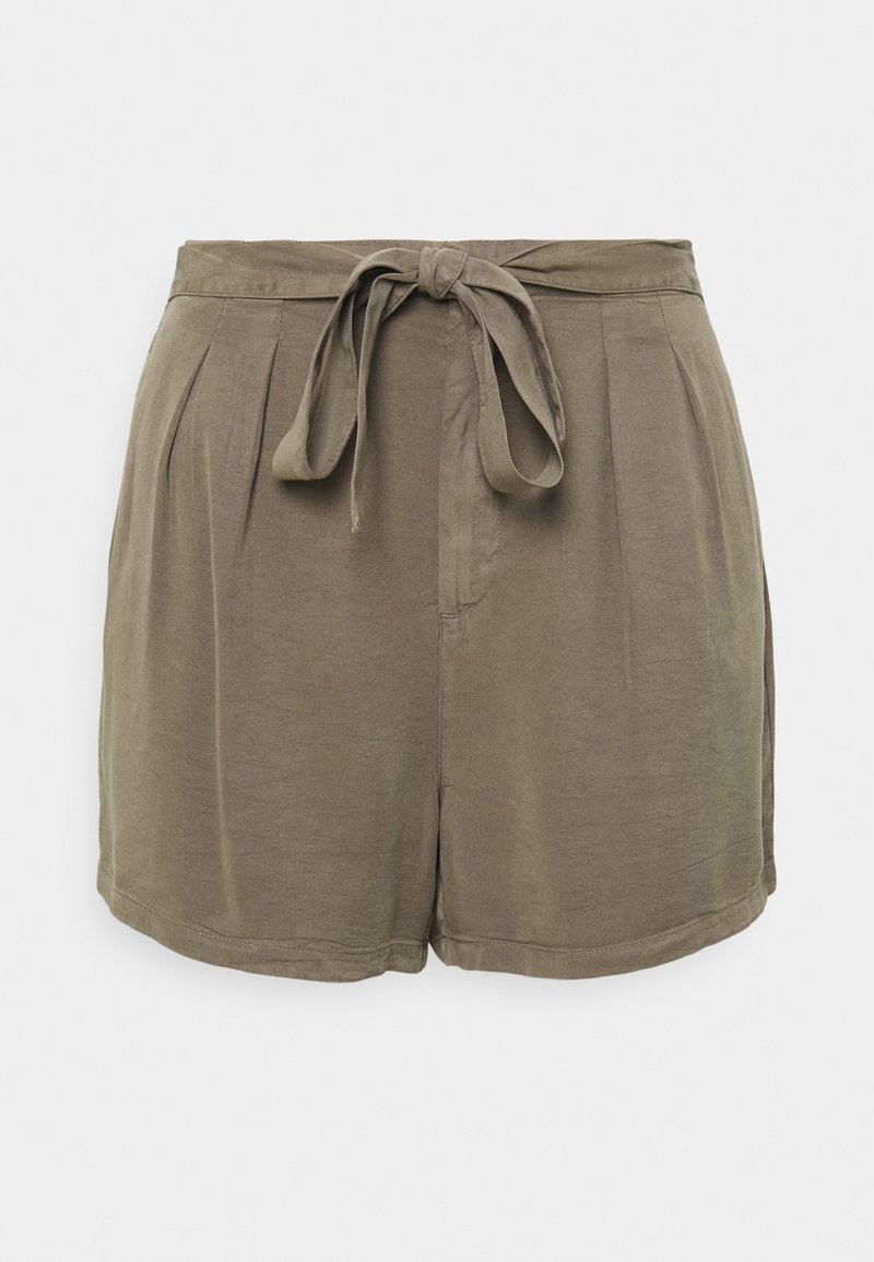 Hoge taille olijfgroene shorts met plooien en een stoffen riem die aan de voorkant in een strik is geknoopt.
