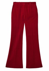 Röda vida byxor gjorda av mjukt tyg. Har två framfickor och en skräddarsydd midja med bälteshällor.