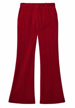 Rdeče široke hlače iz gladkega materiala. Imajo dva sprednja žepa in prirejen pas z zankami za pas.