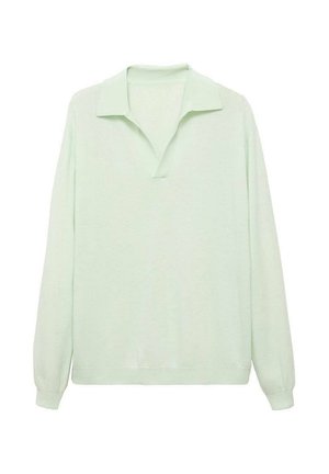 Pullover verde chiaro a maniche lunghe con una texture morbida, colletto piatto e dettaglio a V sul davanti, con polsini e orlo a costine.