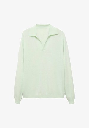 Hellegrüner Pullover mit langen Ärmeln, weicher Textur, flachem Kragen und V-Ausschnitt an der Vorderseite, mit gerippten Bündchen und Saum.