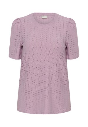 Bluza mov cu maneci scurte, model cu ochiuri de plasă în formă de diamant și motive florale, decolteu rotund și umeri ușor bufanți.