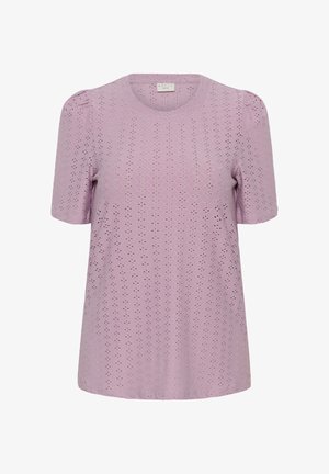 Lilac short-sleeve blouse with eyelet diamond and floral pattern, round neckline, and slight puff shoulders.
