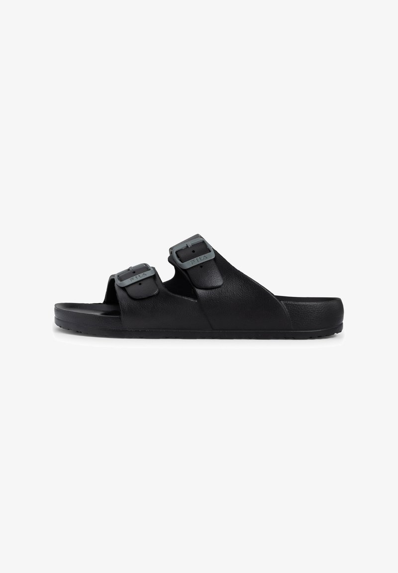 Black sandals featuring two adjustable straps with gray hardware, made of textured material. The sole is flat with a subtle tread pattern.