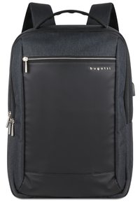 Dark gray backpack with a smooth black front pocket. Features silver zippers and a top handle. Made from durable fabric with padded straps.