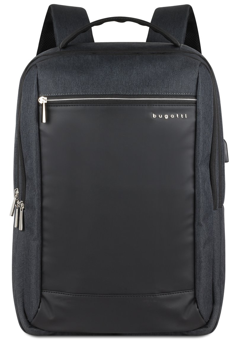 Dark gray backpack with a smooth black front pocket. Features silver zippers and a top handle. Made from durable fabric with padded straps.