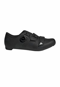 Zapatilla de ciclismo negra con un diseño elegante, que presenta una parte superior texturizada, cierre con dial BOA y suela de goma con agarre estampado.