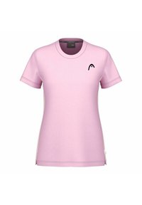 T-shirt a maniche corte di colore rosa chiaro realizzato in tessuto morbido, presenta un collo rotondo e un piccolo logo nero nella zona sinistra del petto.